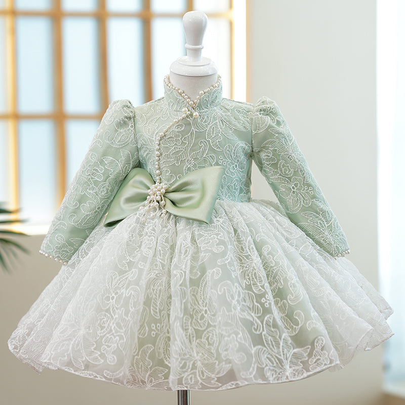 Sage Green Lace A-Line Flower Girl Dress Mock Neck Long Sleeve