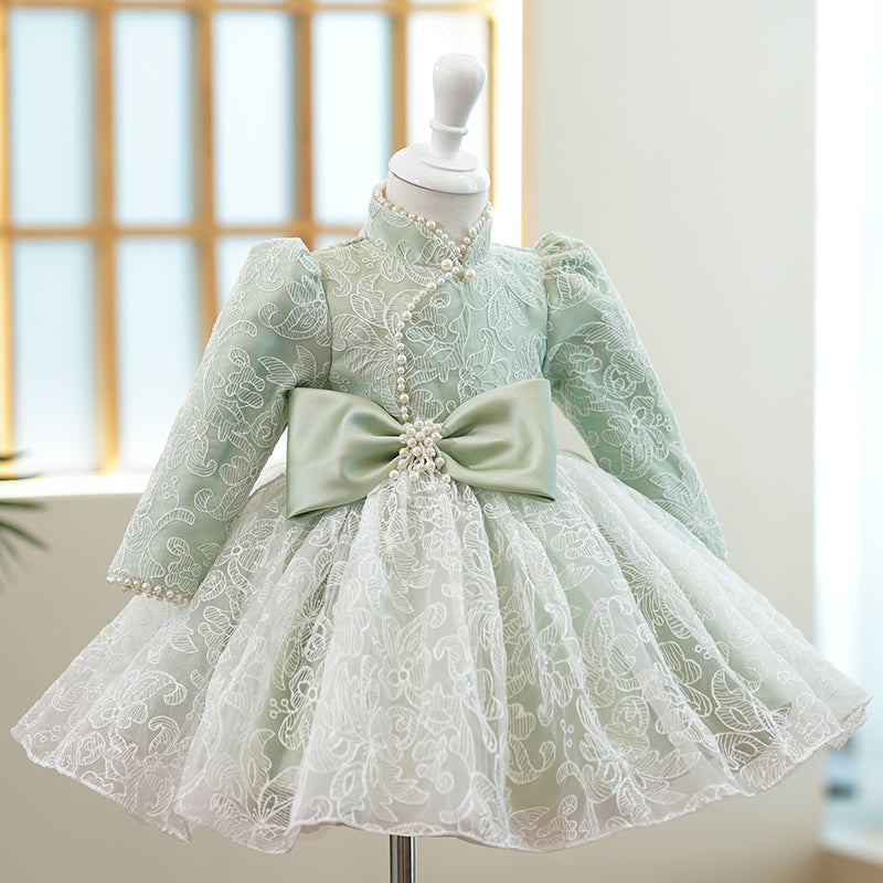 Sage Green Lace A-Line Flower Girl Dress Mock Neck Long Sleeve