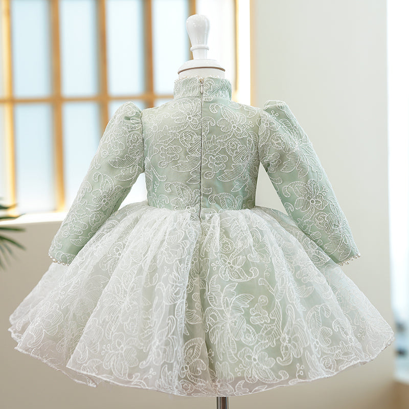 Sage Green Lace A-Line Flower Girl Dress Mock Neck Long Sleeve