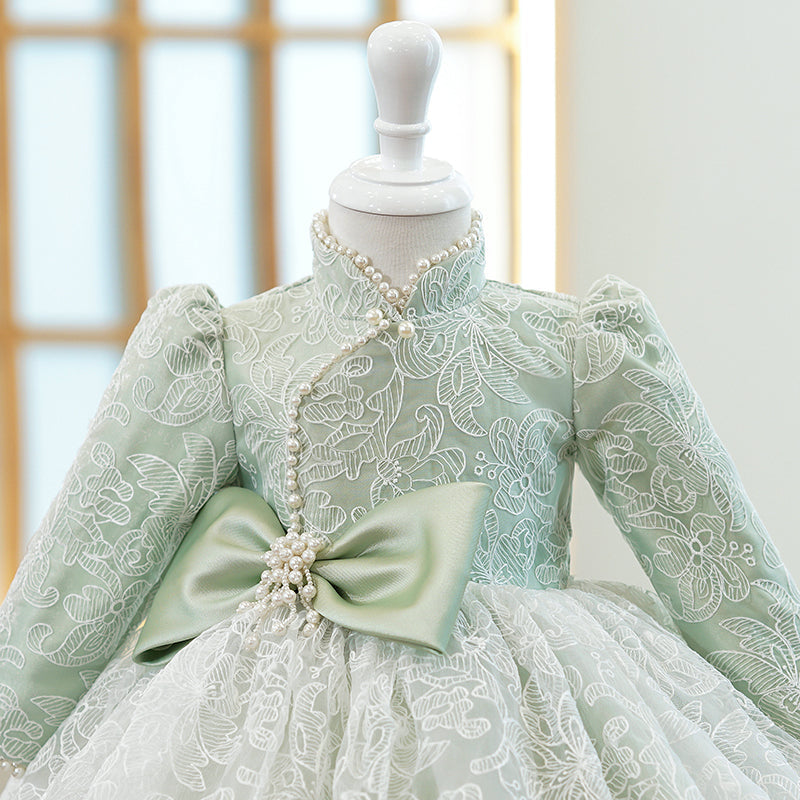 Sage Green Lace A-Line Flower Girl Dress Mock Neck Long Sleeve