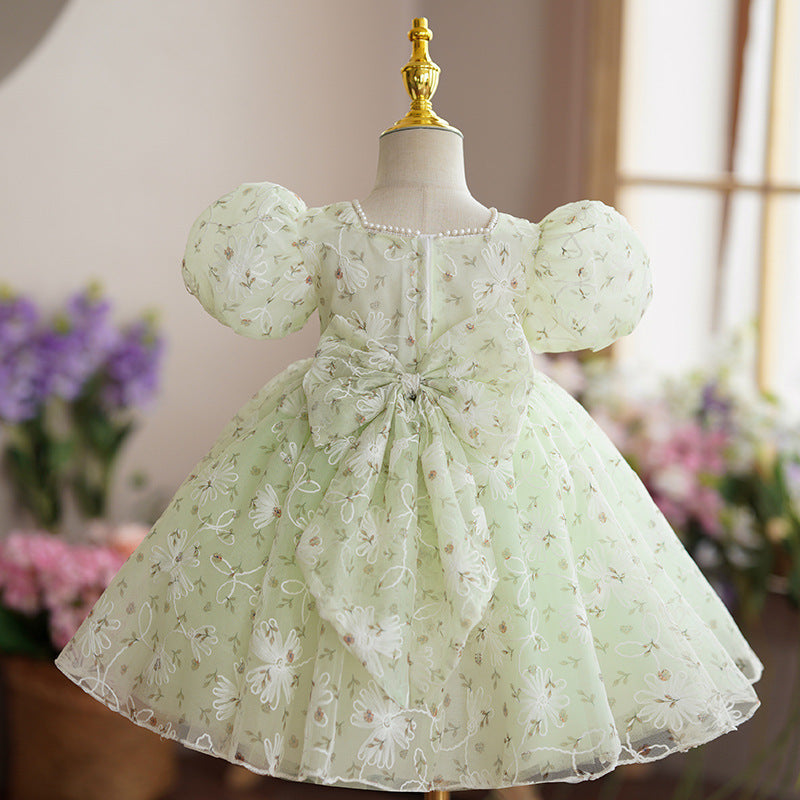 Sage Green Lace Princess Flower Girl Dress Beaded Boat Neck