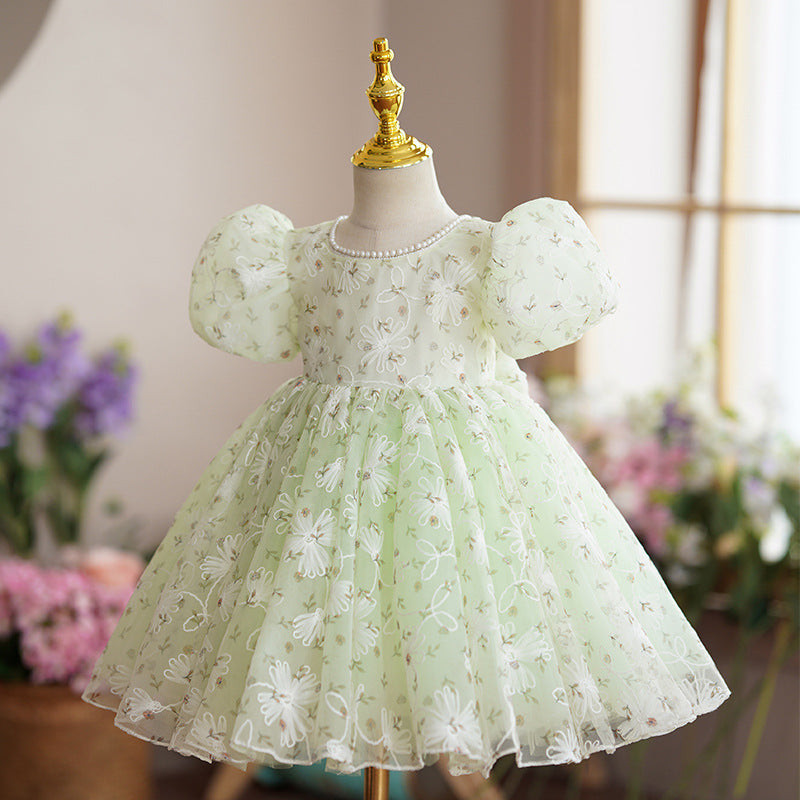 Sage Green Lace Princess Flower Girl Dress Beaded Boat Neck
