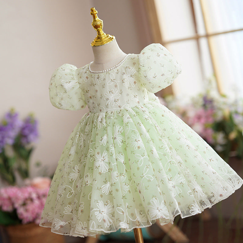 Sage Green Lace Princess Flower Girl Dress Beaded Boat Neck
