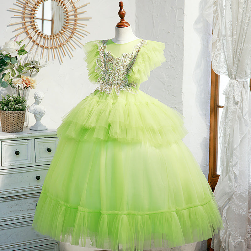 Sage Green Lace Tulle Princess Flower Girl Dress Cap Sleeve
