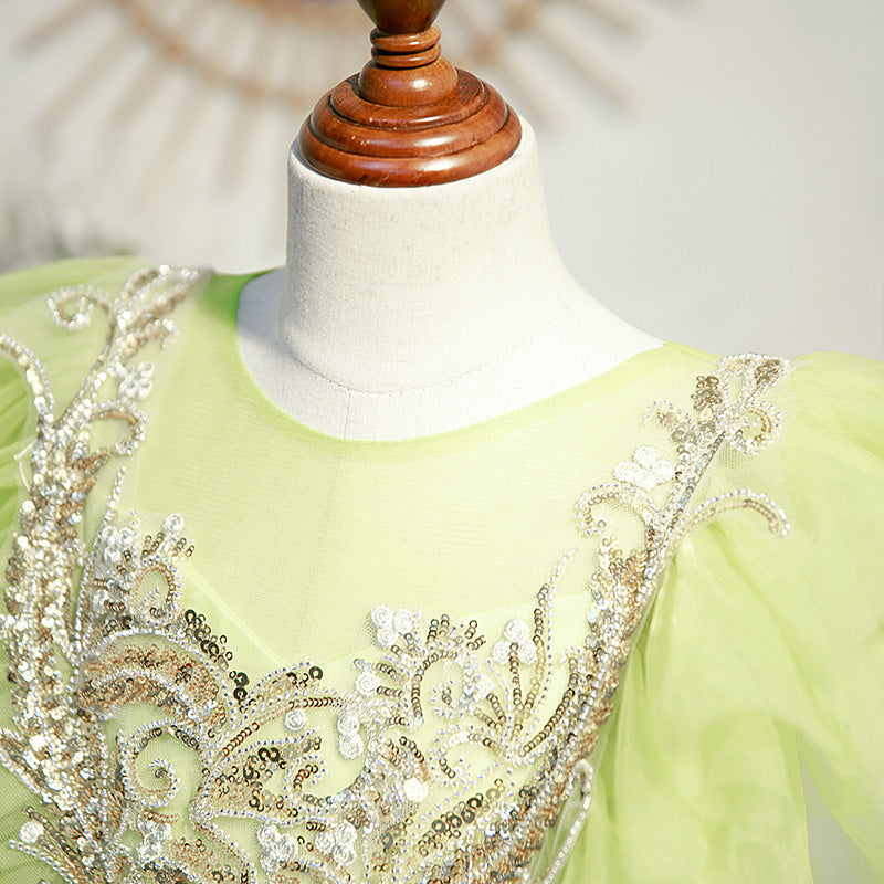 Sage Green Lace Tulle Princess Flower Girl Dress Cap Sleeve