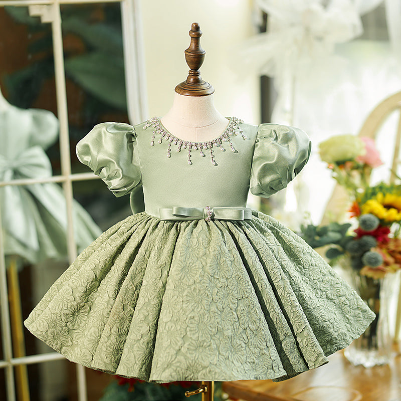 Sage Green Princess Flower Girl Dress Satin Lace Bow Sleeve Mia Princess Sage Green Princess Flower Girl Dress Satin Lace Bow Sleeve Mia Princess