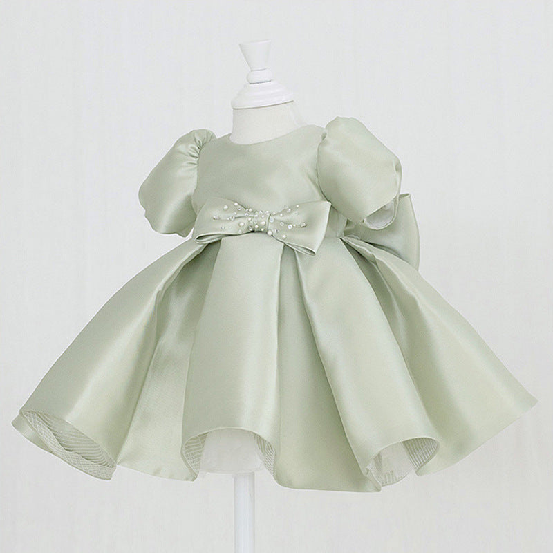 Sage Green Princess Flower Girl Dress with Puff Sleeves & Bows