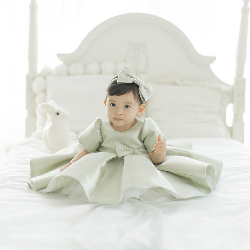 Sage Green Princess Flower Girl Dress with Puff Sleeves & Bows