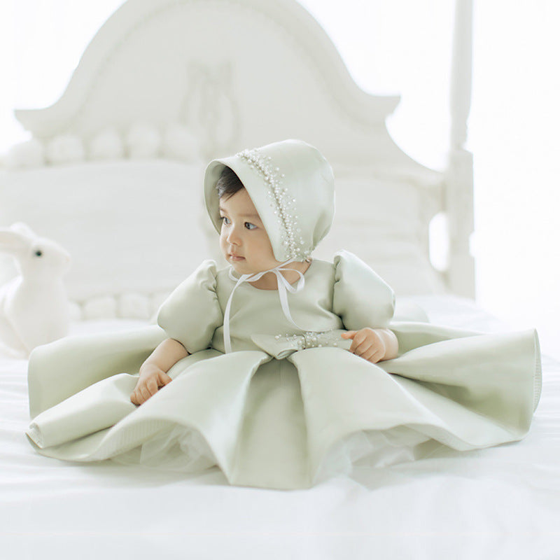 Sage Green Princess Flower Girl Dress with Puff Sleeves & Bows