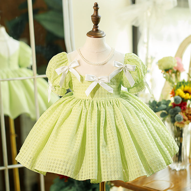 Sage Green Princess Flower Girl Dress with Puff Sleeves
