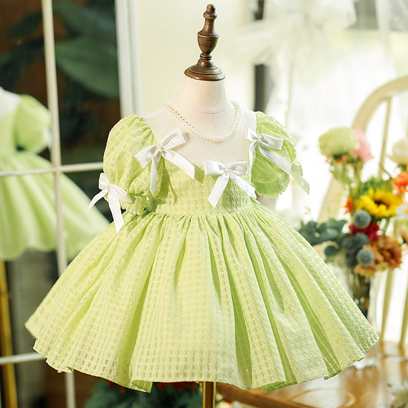 Sage Green Princess Flower Girl Dress with Puff Sleeves