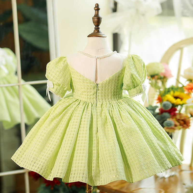 Sage Green Princess Flower Girl Dress with Puff Sleeves