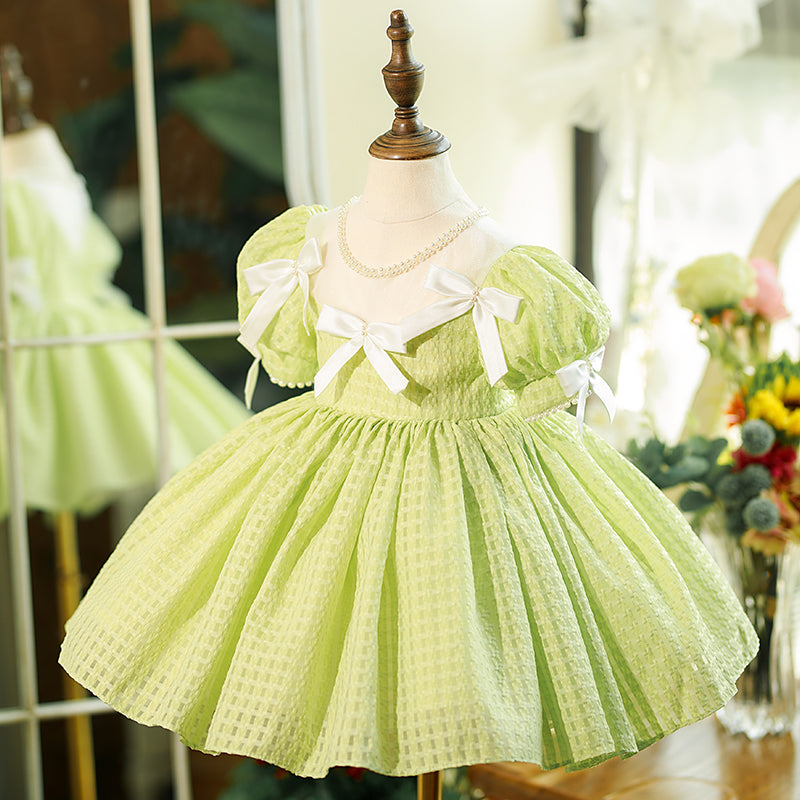 Sage Green Princess Flower Girl Dress with Puff Sleeves