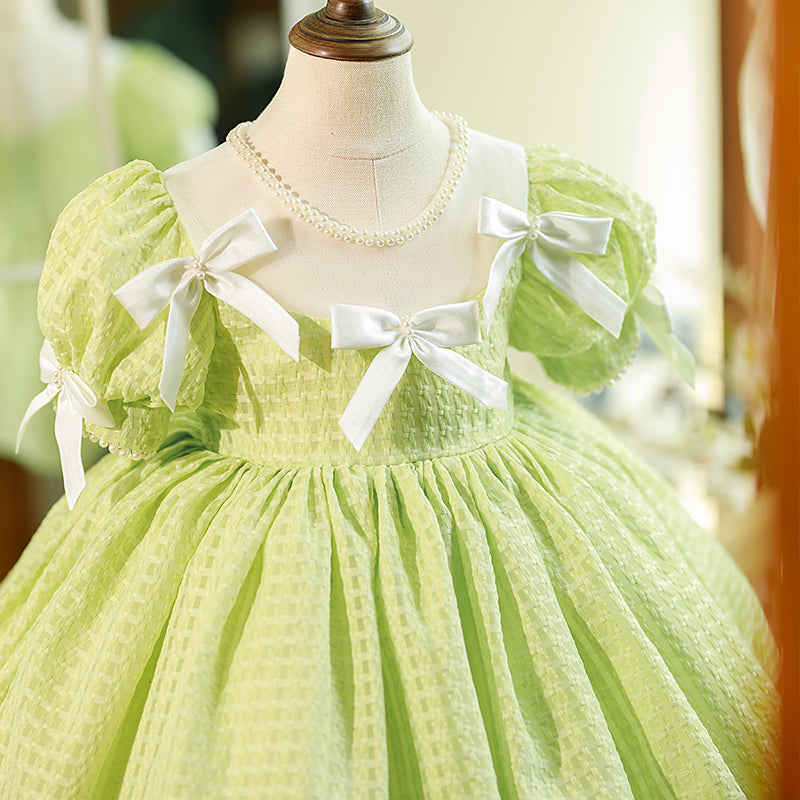 Sage Green Princess Flower Girl Dress with Puff Sleeves