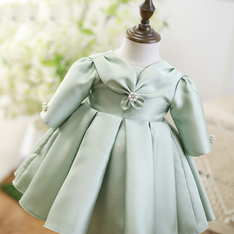Sage Green Princess Flower Girl Dress: Long Sleeve Ruffles