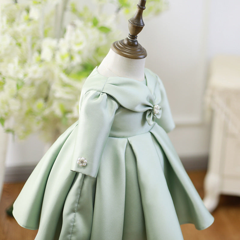 Sage Green Princess Flower Girl Dress: Long Sleeve Ruffles