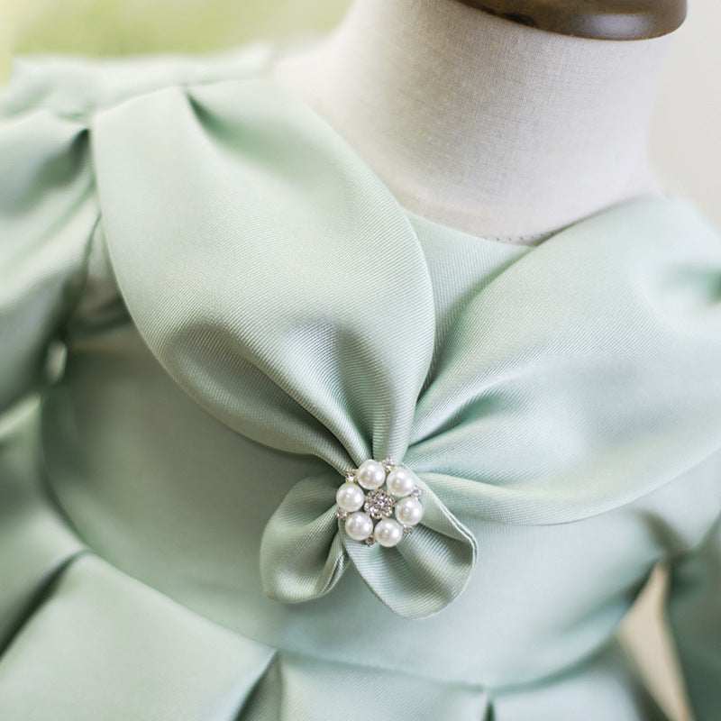 Sage Green Princess Flower Girl Dress: Long Sleeve Ruffles