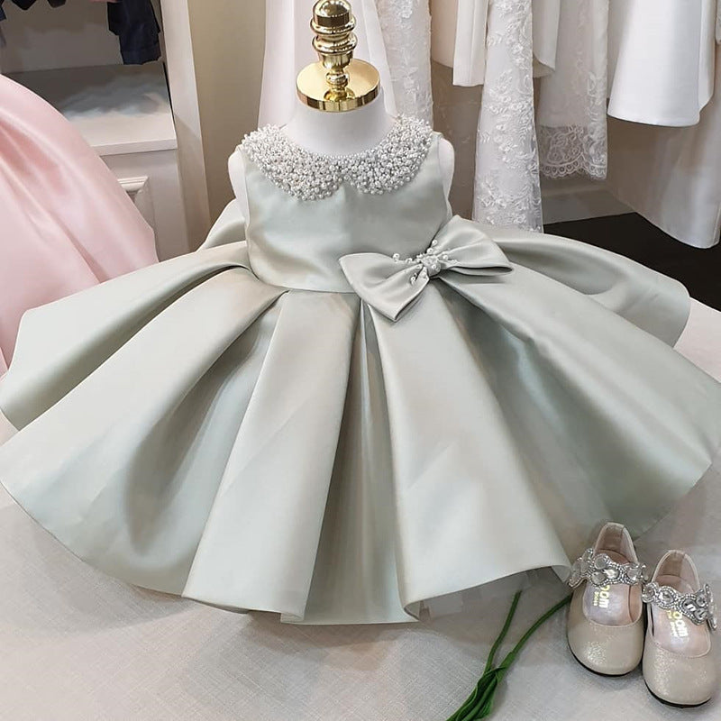 Sage Green Princess Satin Flower Girl Dress with Cascading Ruffles