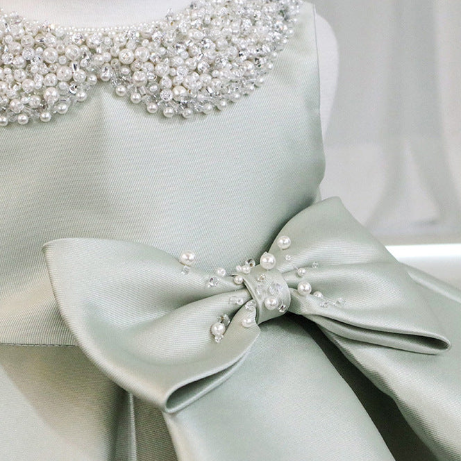 Sage Green Princess Satin Flower Girl Dress with Cascading Ruffles