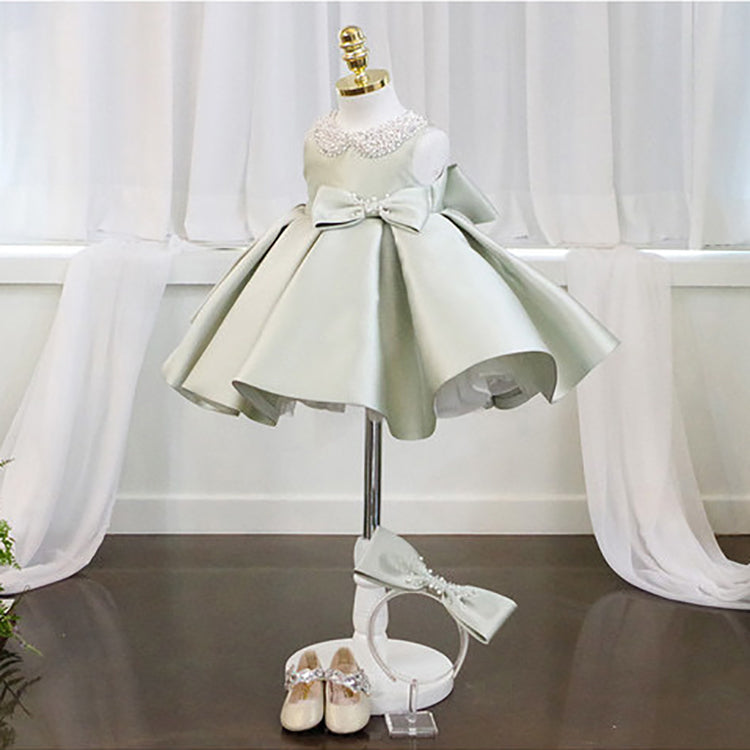 Sage Green Princess Satin Flower Girl Dress with Cascading Ruffles