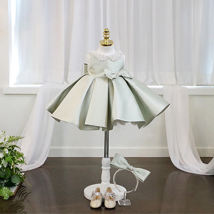 Sage Green Princess Satin Flower Girl Dress with Cascading Ruffles