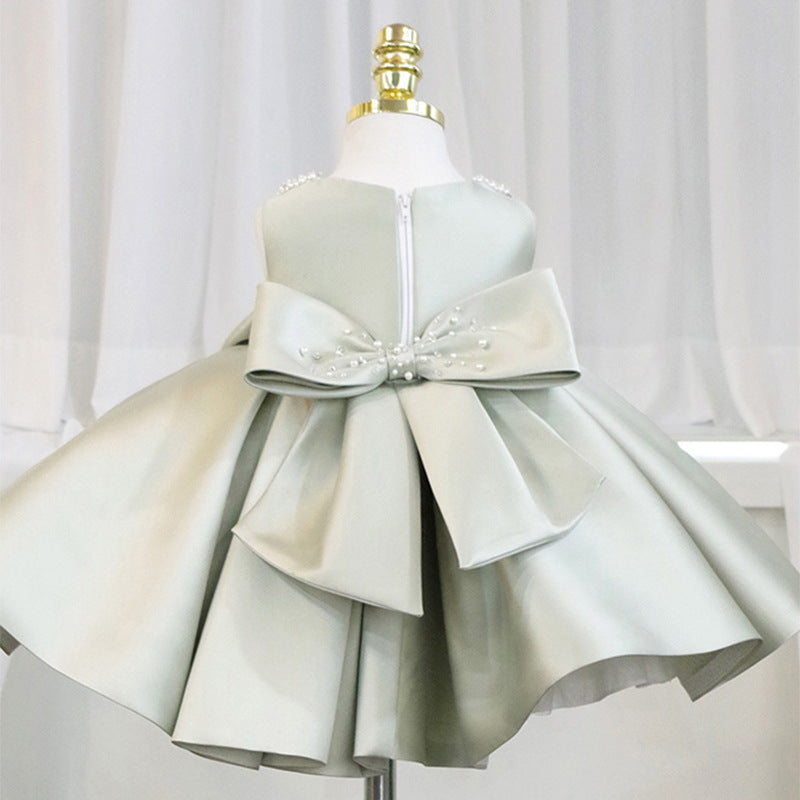 Sage Green Princess Satin Flower Girl Dress with Cascading Ruffles