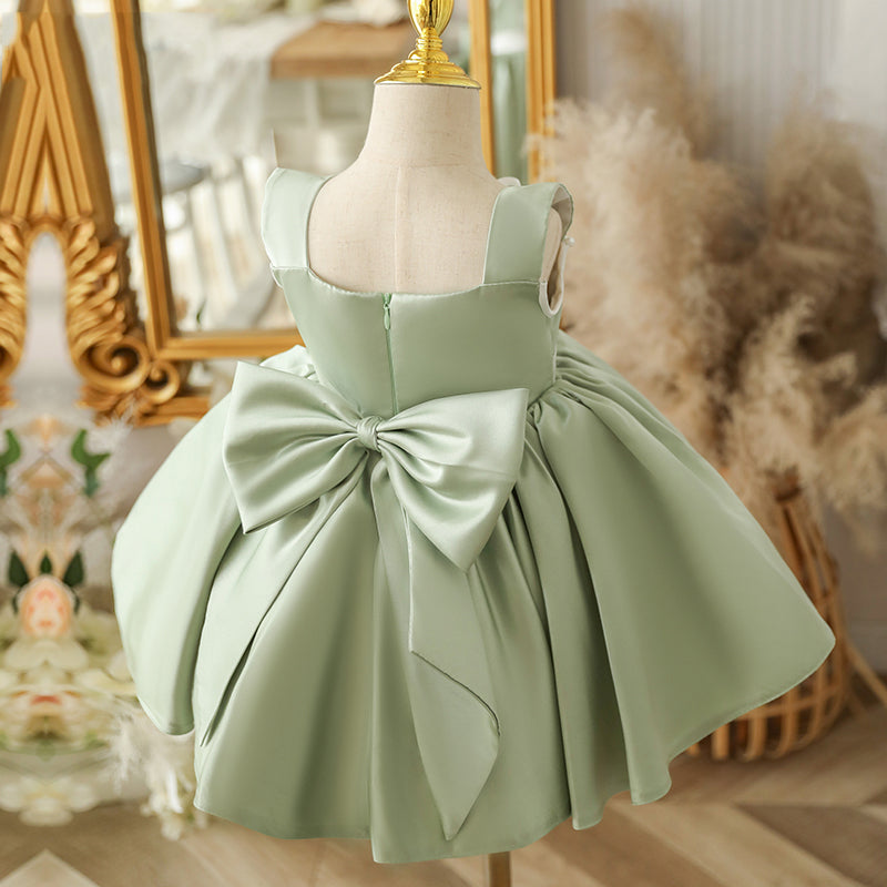 Sage Green Satin A-Line Flower Girl Dress - Beaded Ruffles