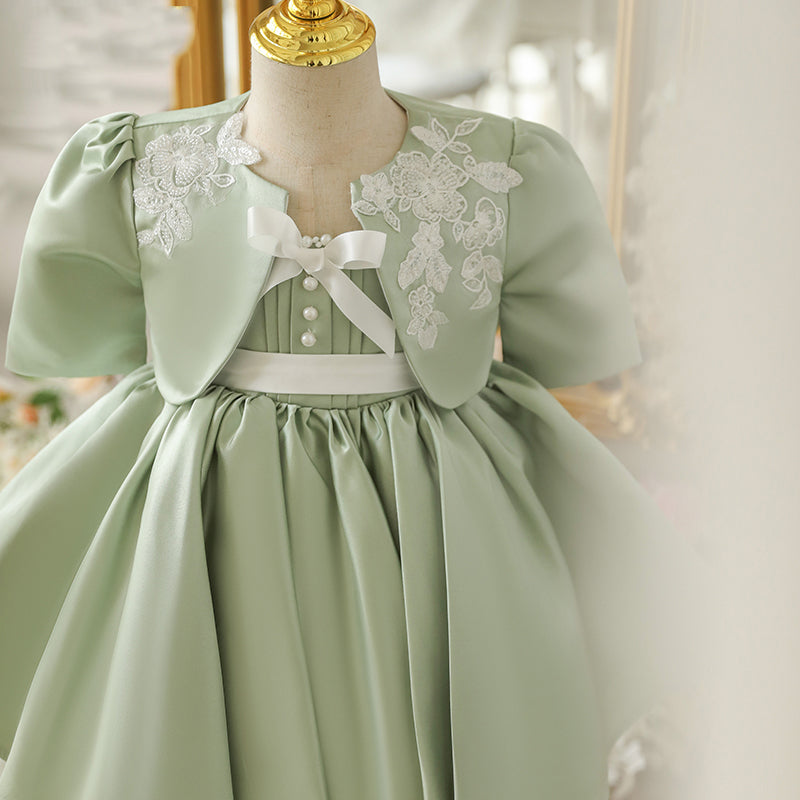 Sage Green Satin A-Line Flower Girl Dress - Beaded Ruffles