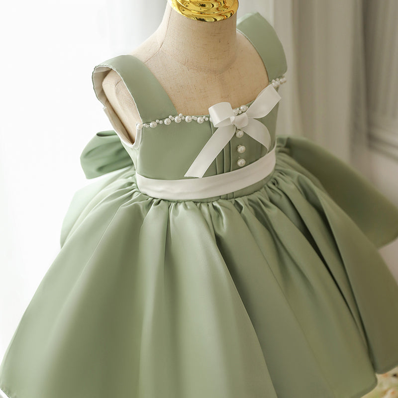 Sage Green Satin A-Line Flower Girl Dress - Beaded Ruffles