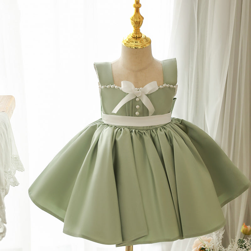 Sage Green Satin A-Line Flower Girl Dress - Beaded Ruffles