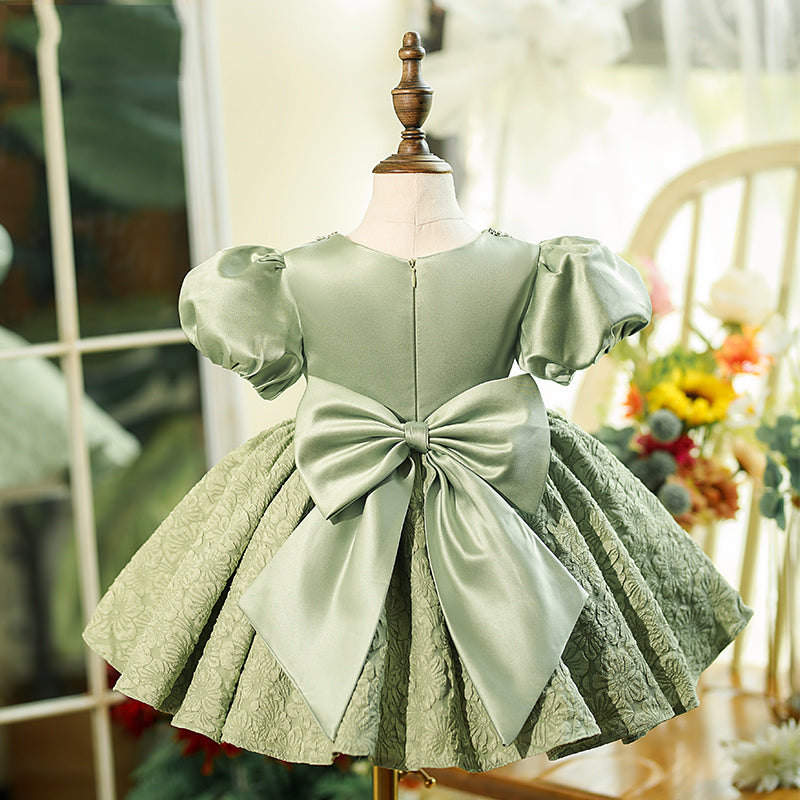 Sage Green Satin Lace Princess Flower Girl Dress Puff Sleeve