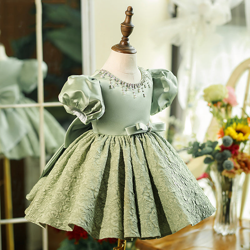 Sage Green Satin Lace Princess Flower Girl Dress Puff Sleeve
