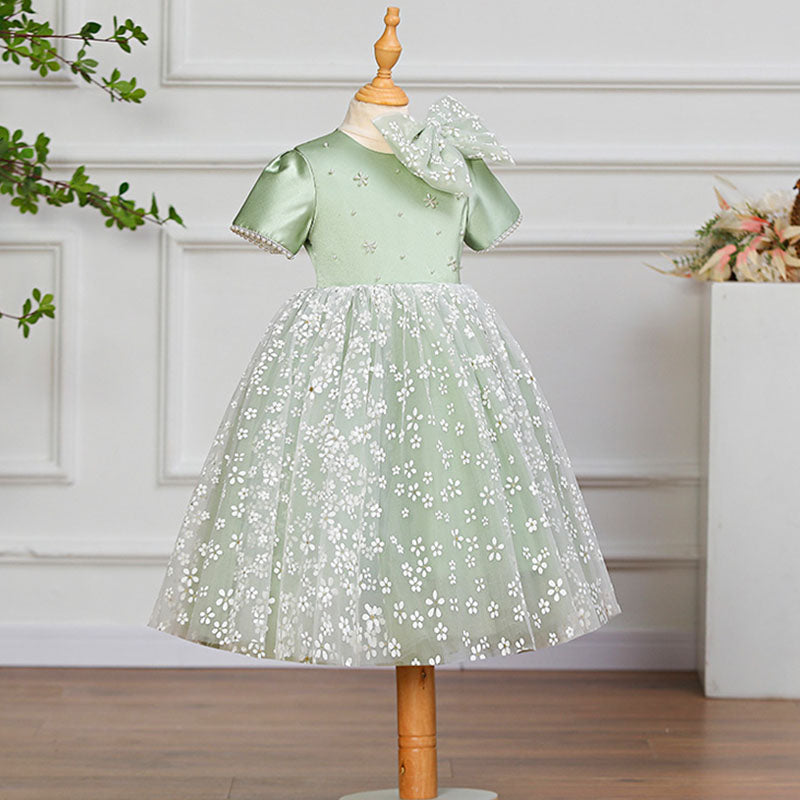 Sage Green Satin Lace Princess Flower Girl Dress Short Sleeve