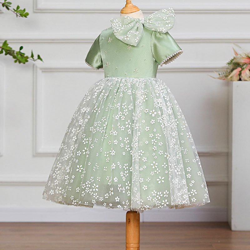 Sage Green Satin Lace Princess Flower Girl Dress Short Sleeve