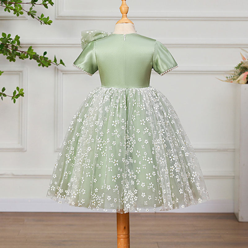 Sage Green Satin Lace Princess Flower Girl Dress Short Sleeve