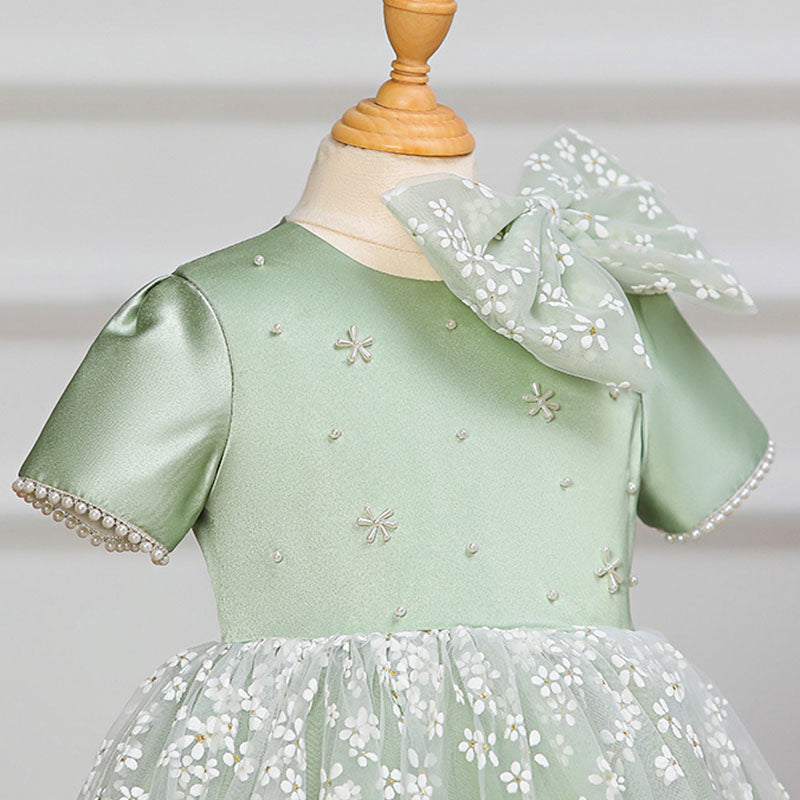 Sage Green Satin Lace Princess Flower Girl Dress Short Sleeve