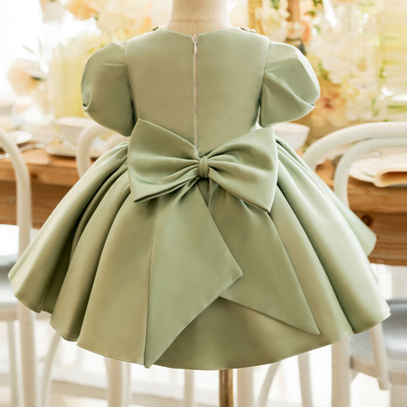 Sage Green Satin Princess Flower Girl Dress Beaded Puff Sleeve