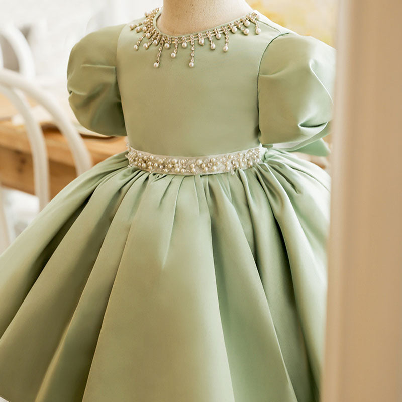 Sage Green Satin Princess Flower Girl Dress Beaded Puff Sleeve