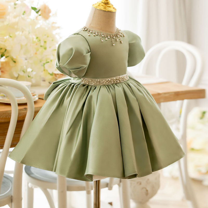 Sage Green Satin Princess Flower Girl Dress Beaded Puff Sleeve