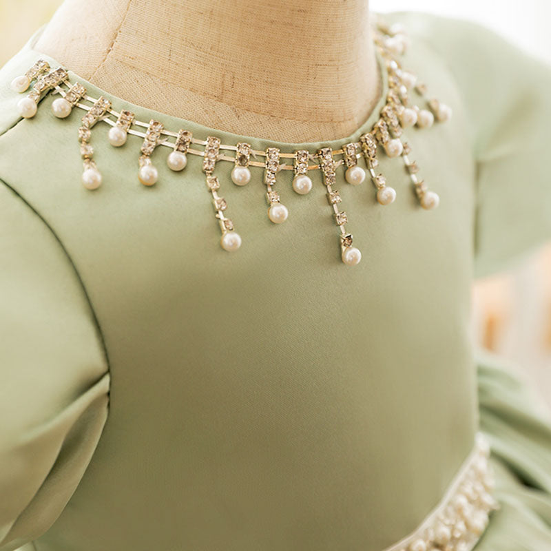 Sage Green Satin Princess Flower Girl Dress Beaded Puff Sleeve