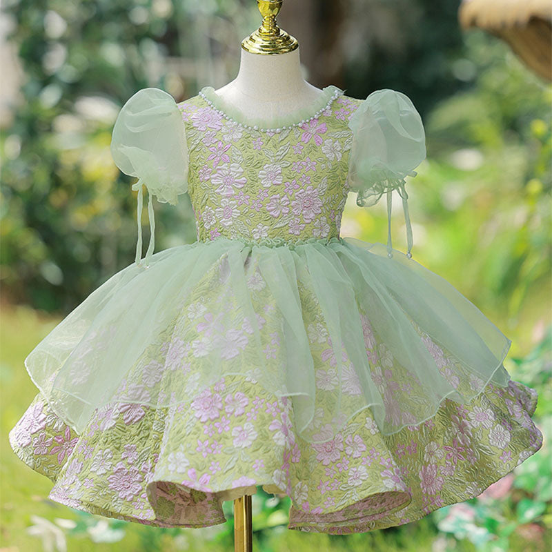 Sage Green Satin Tulle Princess Flower Girl Dress Beaded Bow