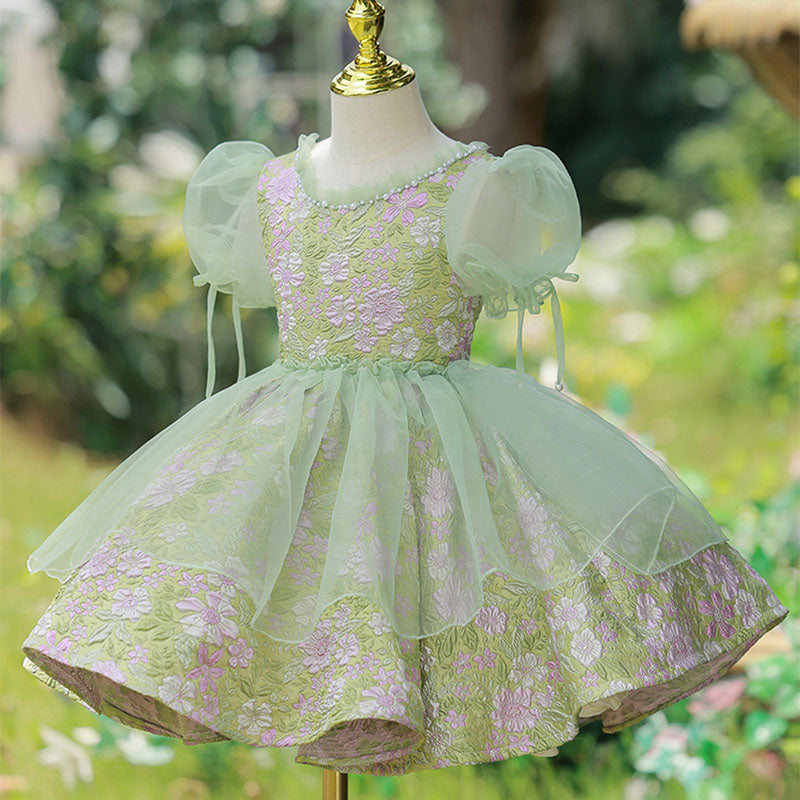 Sage Green Satin Tulle Princess Flower Girl Dress Beaded Bow