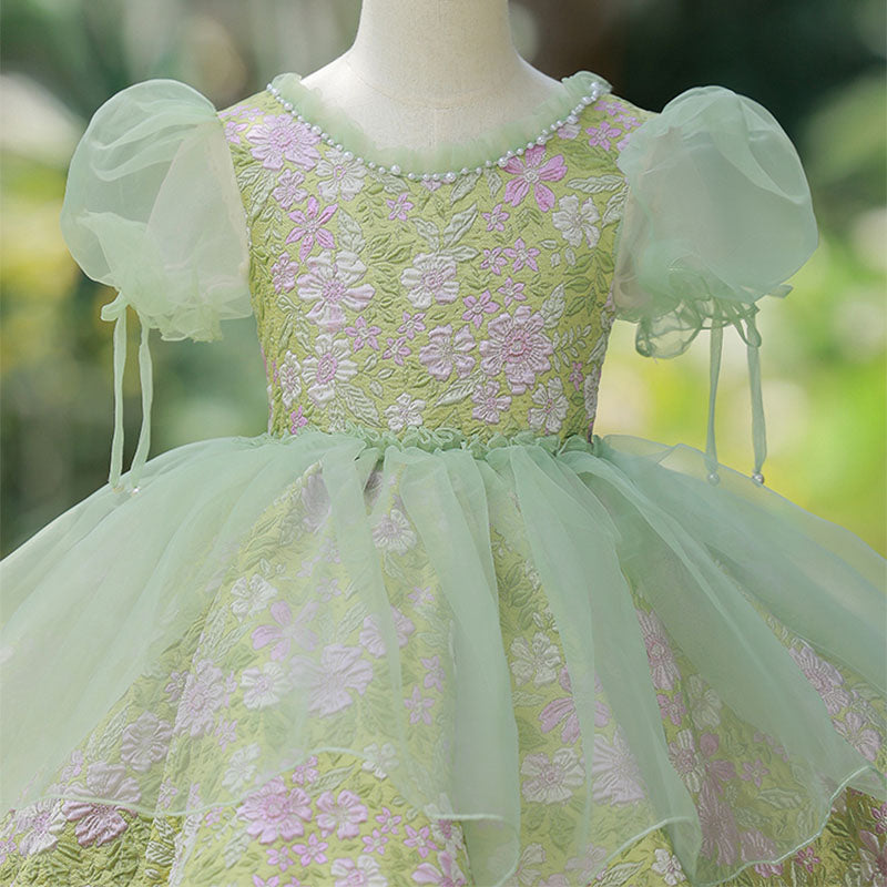 Sage Green Satin Tulle Princess Flower Girl Dress Beaded Bow