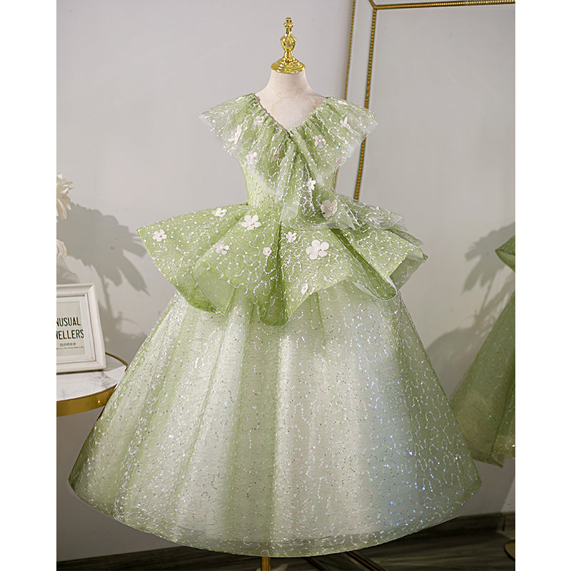 Sage Green Sequin A-Line Flower Girl Dress Lace V-Neck | Sage Green / 9-10 Years (150cm) | Mia Princess Sage Green Sequin A-Line Flower Girl Dress Lace V-Neck | Sage Green / 9-10 Years (150cm) | Mia Princess