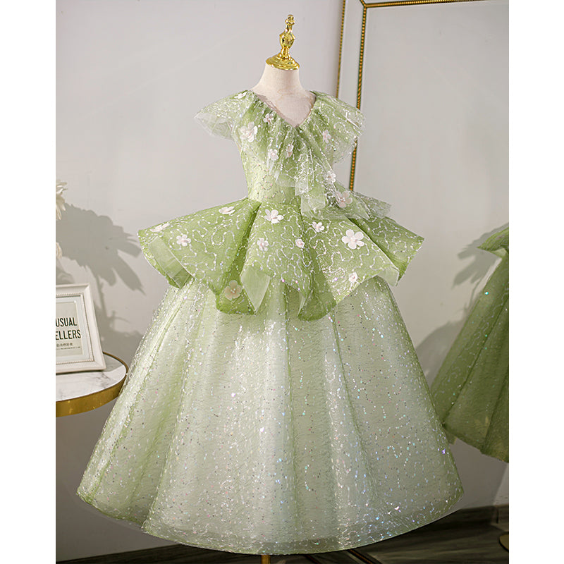 Sage Green Sequin A-Line Flower Girl Dress Lace V-Neck