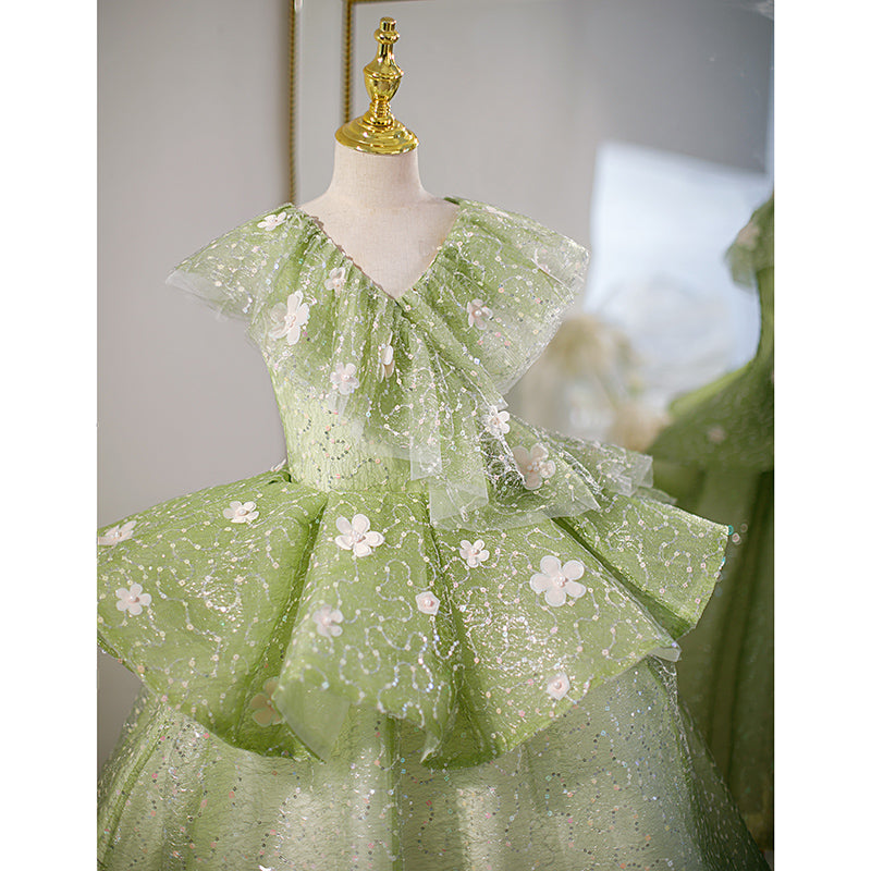 Sage Green Sequin A-Line Flower Girl Dress Lace V-Neck
