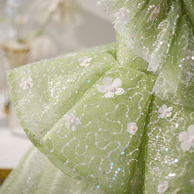 Sage Green Sequin A-Line Flower Girl Dress Lace V-Neck