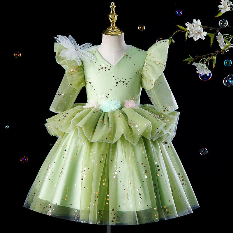 Sage Green Sequin A-Line Flower Girl Dress Long Sleeve Tea