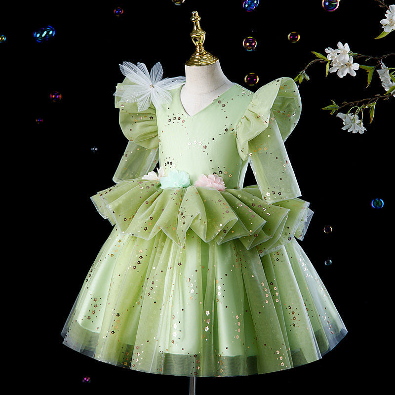Sage Green Sequin A-Line Flower Girl Dress Long Sleeve Tea