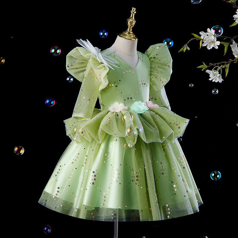 Sage Green Sequin A-Line Flower Girl Dress Long Sleeve Tea